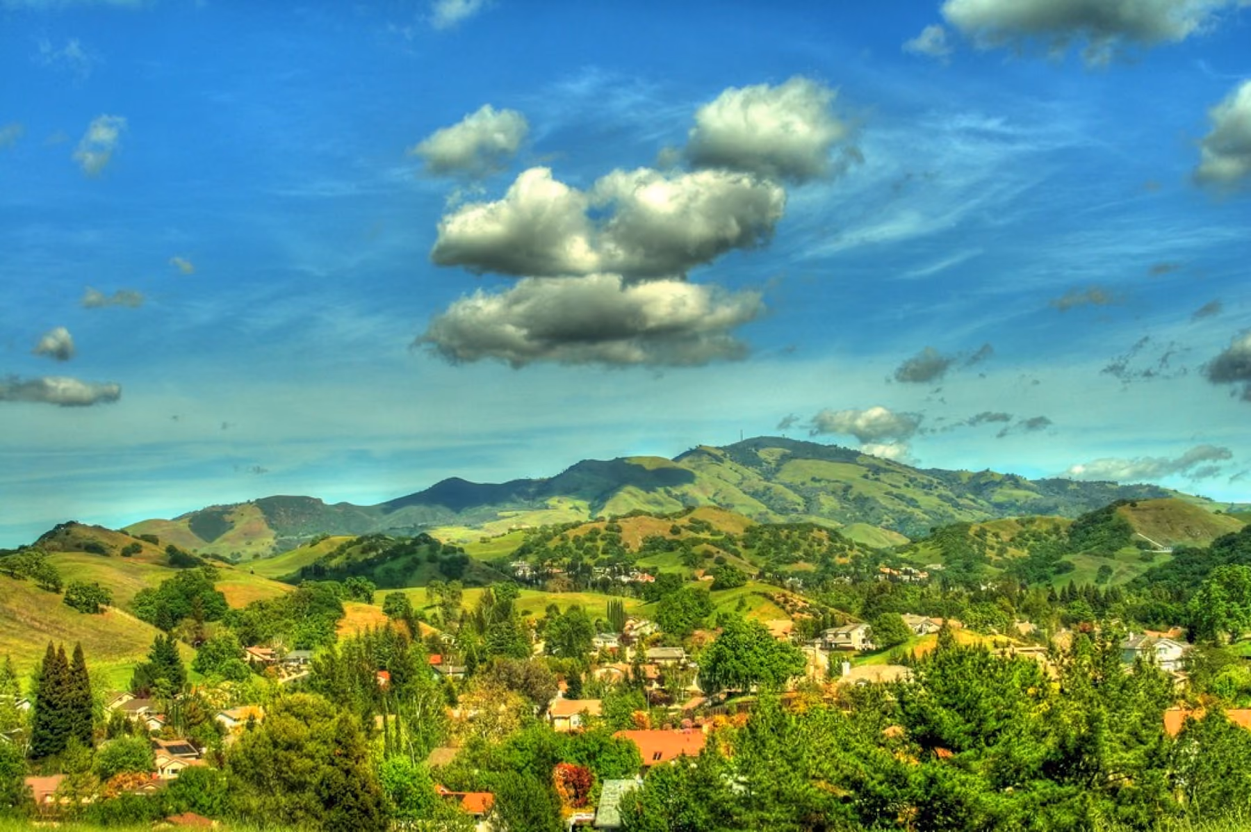 Mount Diablo rising above green hills and houses under a cloud-flecked sky.